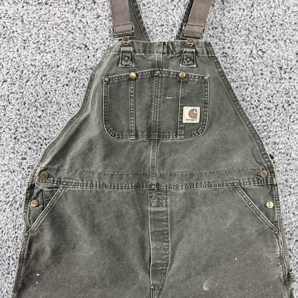 Carhartt Duck Bib Overalls Mens 44x32 R06 MOS Moss Green Double Knee Canvas USA - Picture 3 of 15